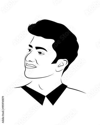 Black-and-white line art of a young man's profile. He wears a collared shirt, smiling gently. His hair is styled neatly, with defined curls. The image conveys calm confidence and classic style