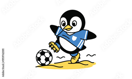 Cute little penguin playing soccer illustration isolated on white background