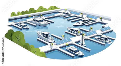 A modern marina with solar panels and boats docked at the pier, showcasing eco-friendly technology and sustainable energy solutions.