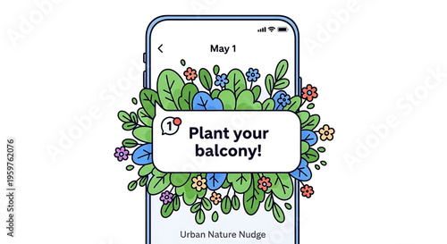 A colorful illustration of a smartphone with a notification to plant a balcony garden on a white background