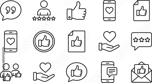Social media feedback icons set like rating review customer satisfaction communication mobile app engagement vector outline illustration collection