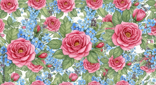Pink roses and blue forget-me-not flowers seamless pattern on white background