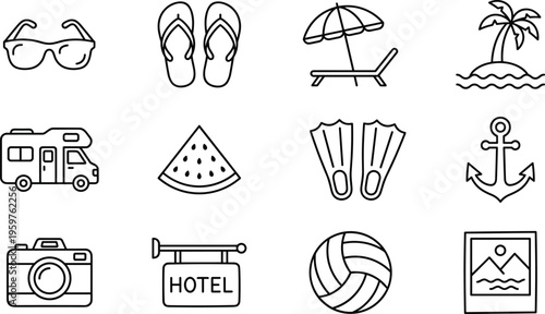 Summer travel vacation icons set beach holiday tourism leisure sunglasses flip flops umbrella island camera hotel vector outline illustration collection