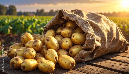 Freshly harvested organic potatoes spilling from a burlap sack at golden hour