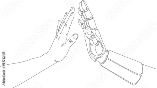 Human hand and robotic hand touching fingertips in a technological gesture