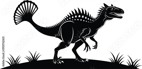 spinosaurus dinosaur silhouette with sail tail walking prehistoric predator, jurassic reptile illustration, ancient fossil creature design, cad drawing flat vector illustration