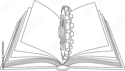 Open book with a gear emerging from its pages turning into a mechanical spine