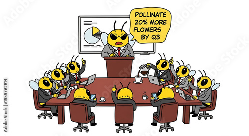 A group of bees in business attire sitting around a conference table with a leader presenting a goal to pollinate 20% more flowers by Q3.