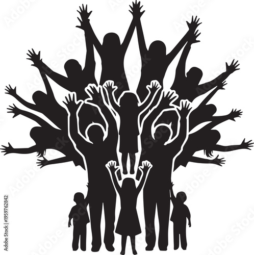 Celebrating unity and joy through a diverse group of uplifted silhouettes isolated on white background, Vector