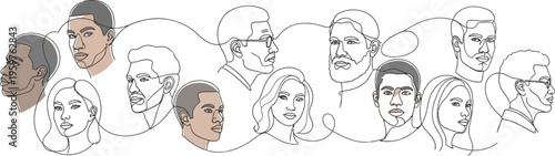 Diverse group of people with different ethnicities and hairstyles in a line illustration