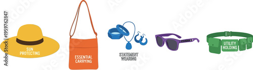A collection of fashion accessories including a sun hat, shoulder bag, jewelry, sunglasses, and a utility belt.