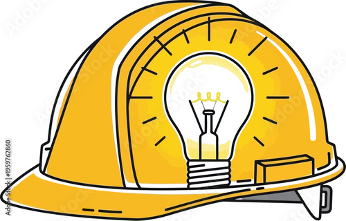 Yellow hard hat with a glowing light bulb on a white background for safety concepts