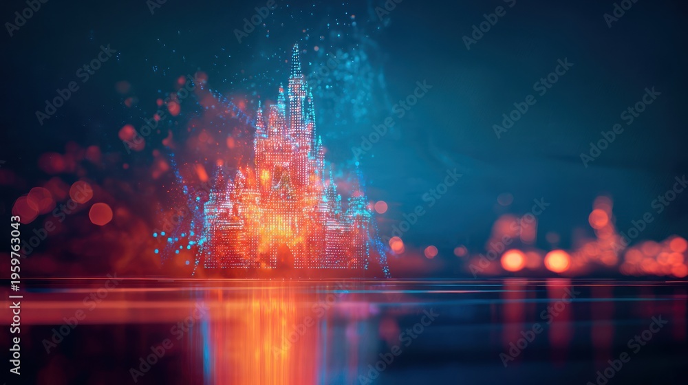 Fototapeta premium Digital rendering of a vibrant castle bursting with light, reflected on a polished surface