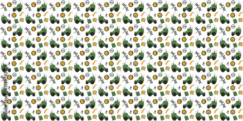 Creative broccoli car seamless pattern for fun organic food branding identity. Green pattern
