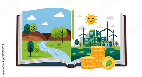 A vector graphic illustration of an open book with a natural landscape and a cityscape, symbolizing sustainable development and eco-friendly business practices.