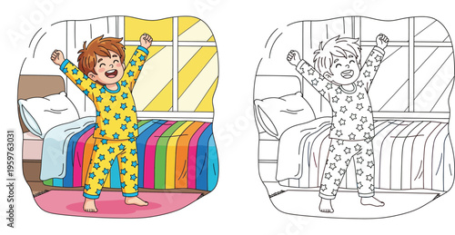 Happy Cartoon Boy Waking Up and Stretching in Bed - Morning Routine
