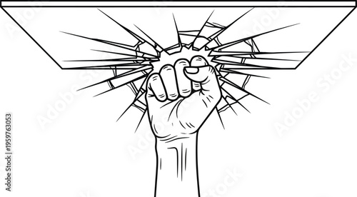 Fist punching through a shattered glass window with force and power