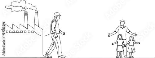 Industrial worker connected to family by umbilical cord line drawing illustration