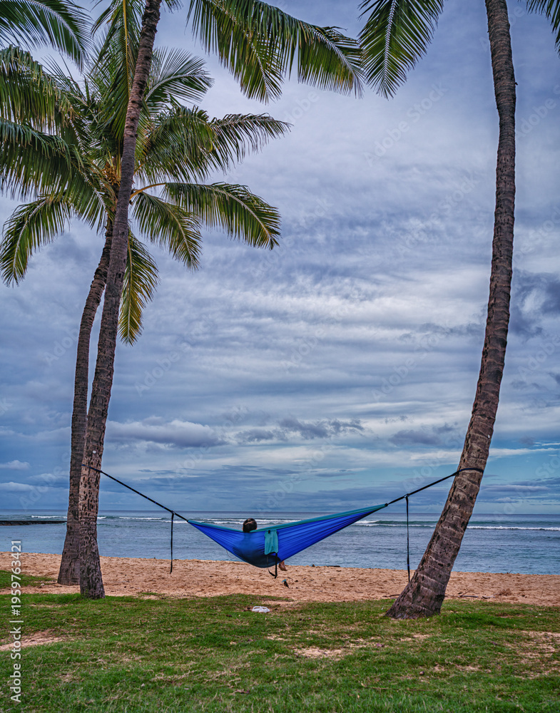 Fototapeta premium Beachcomber living in a Hammock with an Ocean Background.