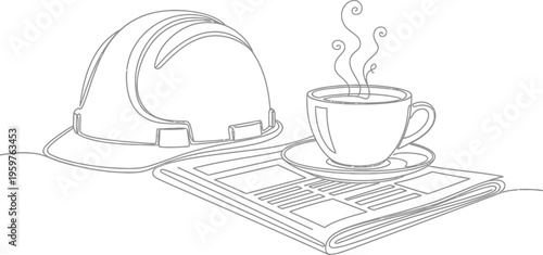 Construction worker taking a break with a hot cup of coffee and newspaper outside work