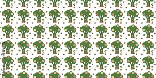 Vegetable home repeating design for healthy kids menu decorations. Broccoli house pattern