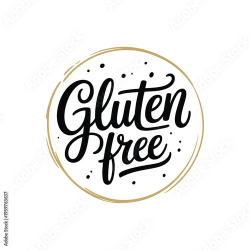 A decorative circular badge displaying the words gluten free in elegant script