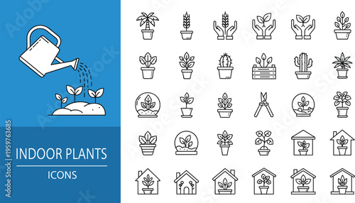 Large collection of indoor plants line icons set featuring houseplants watering can gardening tools potted greenery botanical home decor and nature growth vector symbols.