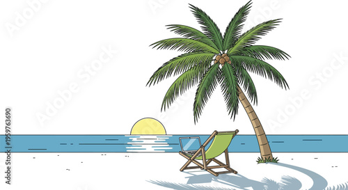 Laptop on a beach chair under a palm tree by the ocean at sunset