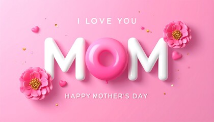 Happy mother's day greeting with pink background white and pink balloons spelling mom and pink flowers