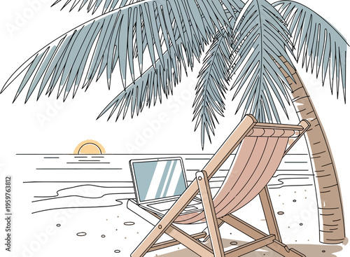 Laptop on a beach chair under a palm tree at sunset by the ocean shore
