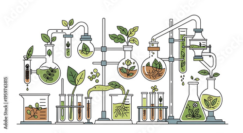 A laboratory setup for plant research and experimentation with various equipment and green plants