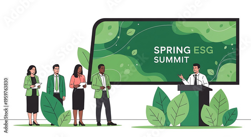 A group of business professionals standing in front of a large screen at the Spring ESG Summit