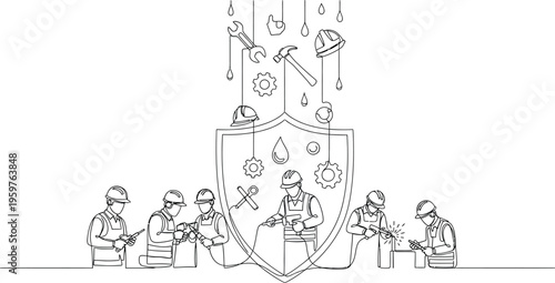 Workers in hard hats and vests using tools behind a protective shield with gears and tools