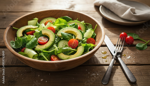 Fresh salad with avocado, cherry tomatoes, and spinach in wooden bowl