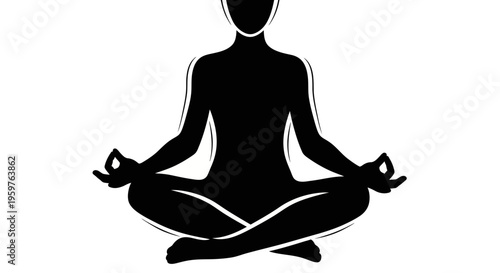Black-and-white icon of a meditating figure in a cross-legged pose symbolizing peace, mindfulness, or meditation practice.