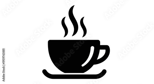 Black-and-white icon of a steaming coffee cup and saucer symbolizing relaxation, break time, or casual drink moments.
