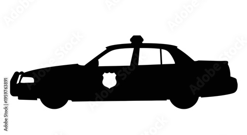 Silhouette of a police car with visible siren and emblem, depicted in a black-and-white minimalist style.