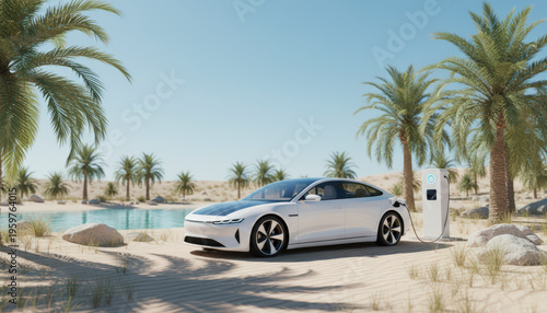 Electric car charging at desert oasis with palm trees and clear sky