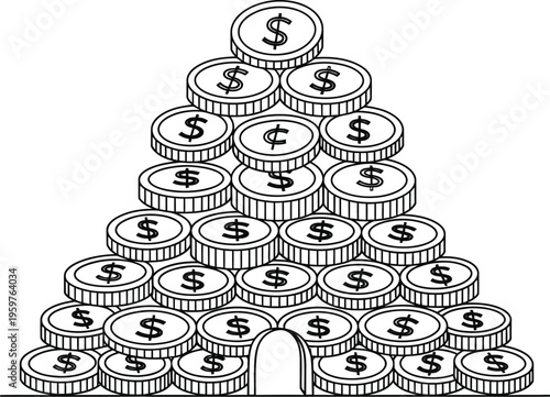 Stack of dollar coins with a hole in the middle forming a pyramid shape