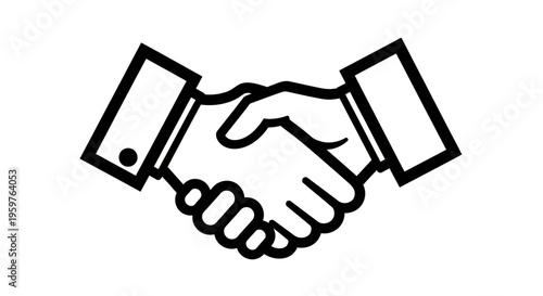 Handshake illustration in black and white, symbolizing agreement, teamwork, and trust in a business setting. Isolated design.