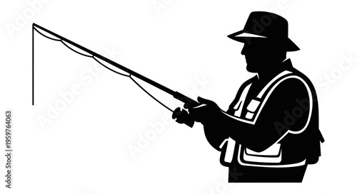 Black and white silhouette of a fisherman holding a fishing rod against a plain background.
