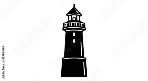 Black and white illustration of a lighthouse with a tall tower and a pointed roof.