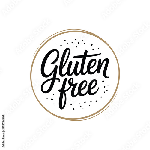 A circular gluten free label with elegant calligraphy and a decorative border