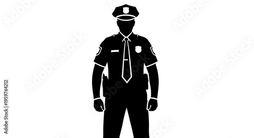 Police officer silhouette in black-and-white style, depicting a uniformed figure for law enforcement and security concepts.