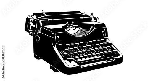 Vintage typewriter illustration in black-and-white style, showcasing retro design for writing and nostalgia themes.