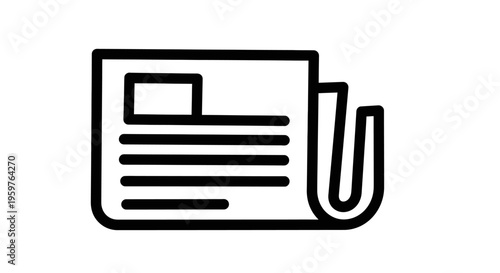 Newspaper icon with paperclip, simple black-and-white graphic design for media and news concepts.