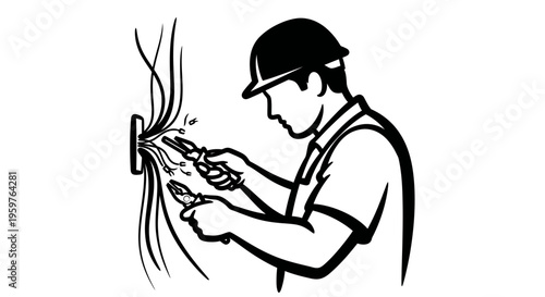 Illustration of an electrician wearing a helmet and repairing wires with tools on a plain background.