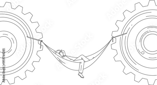 Man relaxing in a hammock between two large gear wheels in a mechanical setting daily