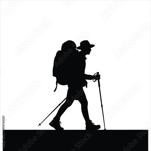 A hiker walking on a path with trekking poles and a backpack