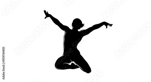 Silhouette of a person jumping with excitement against a solid white background for dynamic and energetic concepts.